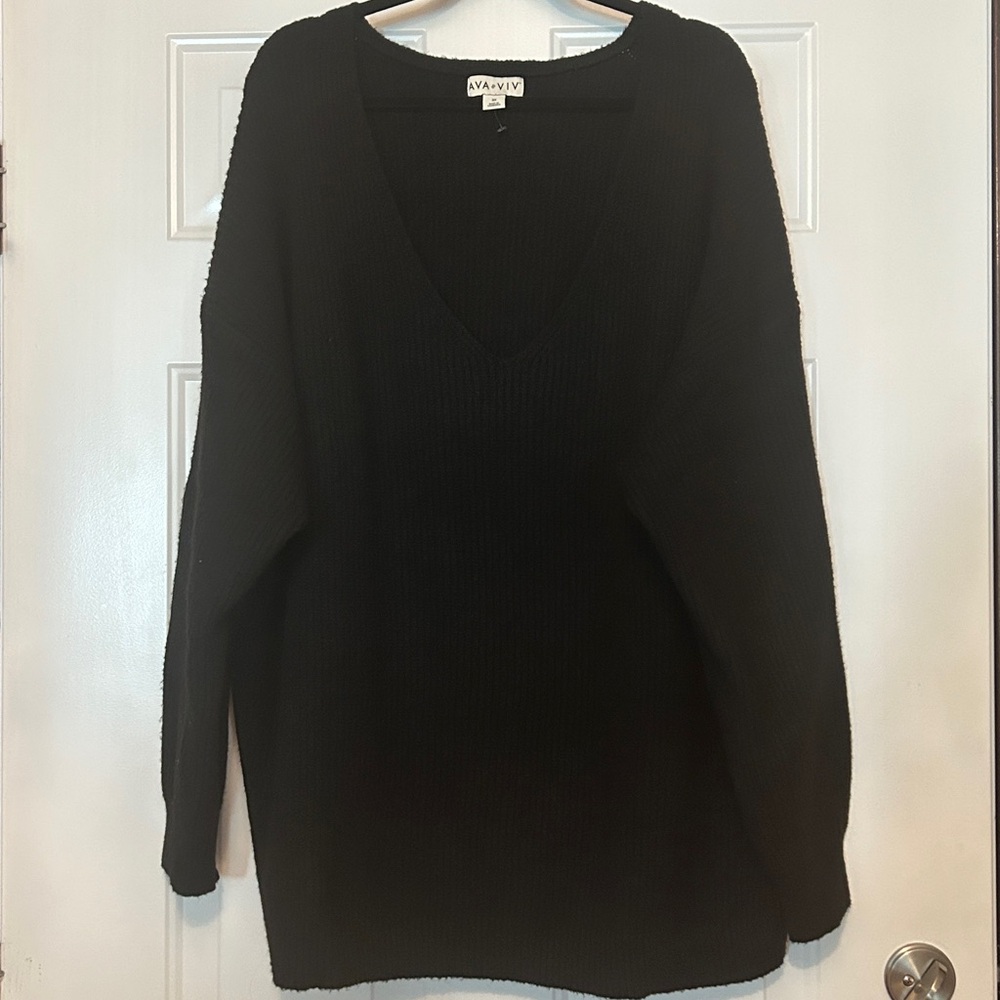 Ava & Viv Shaker Knit V-Neck Sweater 3X Black NWOT Classic Timeless Basic